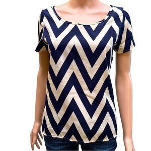 Anthropologie Navy Blue and Cream Fitted Short Sleeve Top Small
